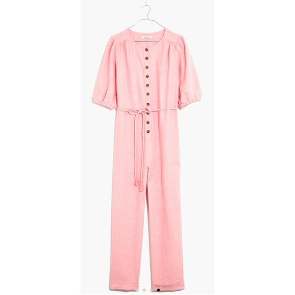 Madewell linen Puff Sleeves Jumpsuit Womens Medium Pink Straight Leg Button Down - Picture 2 of 16